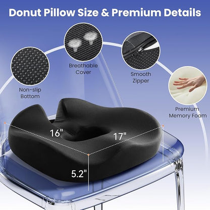 Donut Pillow Seat Cushion for Tailbone Pain Relief and Hemorrhoid – Memory Foam Ergonomic Office Chair Cushion for Home, Office, Car, Gaming, Pregnancy,– Comfortable, Breathable, and Washable