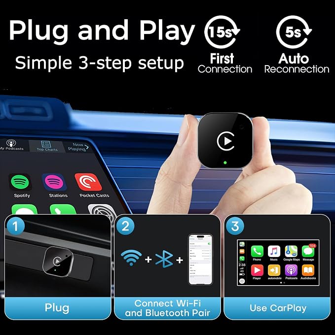 Wireless CarPlay Adapter 2026 Upgraded,CarPlay & Android Auto 2-in-1, Mini USB Design for Cars with Wired CarPlay,Fast Auto-Connect,Plug & Play,for Apple iOS 10+, Android 11+ Version