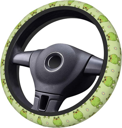 Cute Frog Steering Wheel Cover for Women,Universal Auto Steering Wheel 14-15 Inch Car Interior Accessories with 2PCS Car Coasters,Suitable for Men and Women