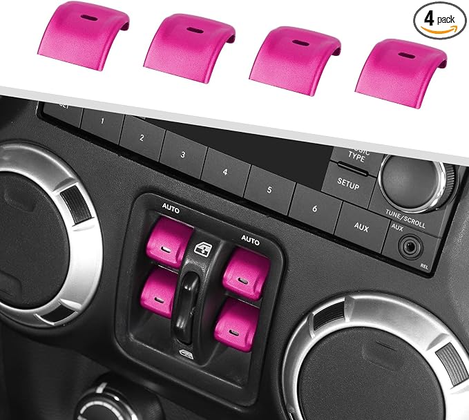 Jimen for JK Window Button Covers, 4PCS Center Console Window Switch Cover Interior Trim Kits Compatible with Jeep Wrangler JK & Unlimited 2012-2018, Aluminum Alloy (Pink)