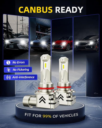AUTOONE 9005 LED Light Bulbs, 40,000LM 6X Ultra Bright 6000K Cool White, 1:1 Halogen Mini Size HB3, 60,000Hrs Lifespan, Plug and Play, Fog Light or Daytime Running Light, Pack of 2