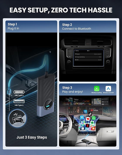 Wireless CarPlay Adapter for iPhone/android,Android Auto Wireless Adapter is Fast Auto Connect, Plug&Play, Stable Connection, car play wireless adapter Support Map, Music,Video,Call etc(Black)