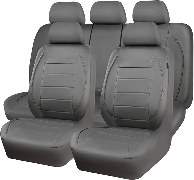 CAR PASS Piping Faux Leather Car Seat Cover Full Set,Grey Breathable Leather Seat Covers for Cars, Airbag Compatible,Universal Fit for SUVs,Van,Sedans,Small Trucks (Full Set, All Gray)