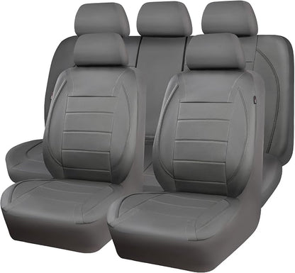 CAR PASS Piping Faux Leather Car Seat Cover Full Set,Grey Breathable Leather Seat Covers for Cars, Airbag Compatible,Universal Fit for SUVs,Van,Sedans,Small Trucks (Full Set, All Gray)