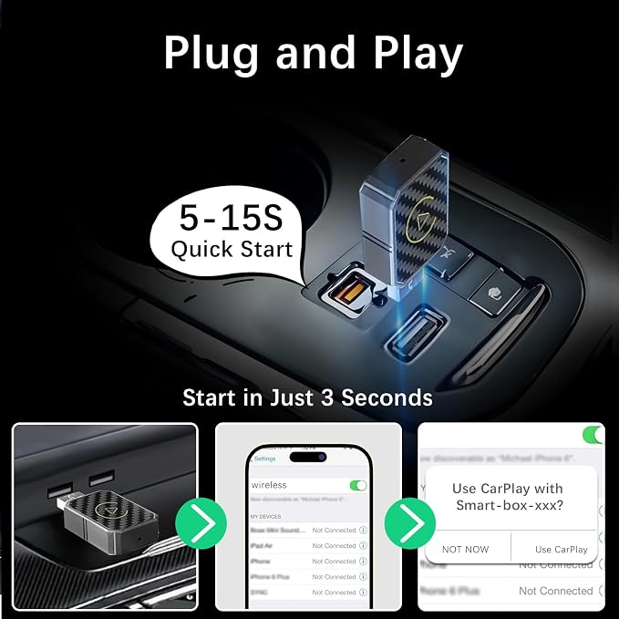 Wireless Carplay Adapter for Apple, Carplay Wireless Adapter for car Carplay Wireless Adapter, Fast Bluetooth Connection, Plug & Play for iPhone & Android Auto