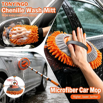 Car Wash Kit with 4-12FT Telescoping Extension Pole, Cleans Spider Webs, Washable & Reusable for High Ceilings, Fans & Outdoor Cleaning