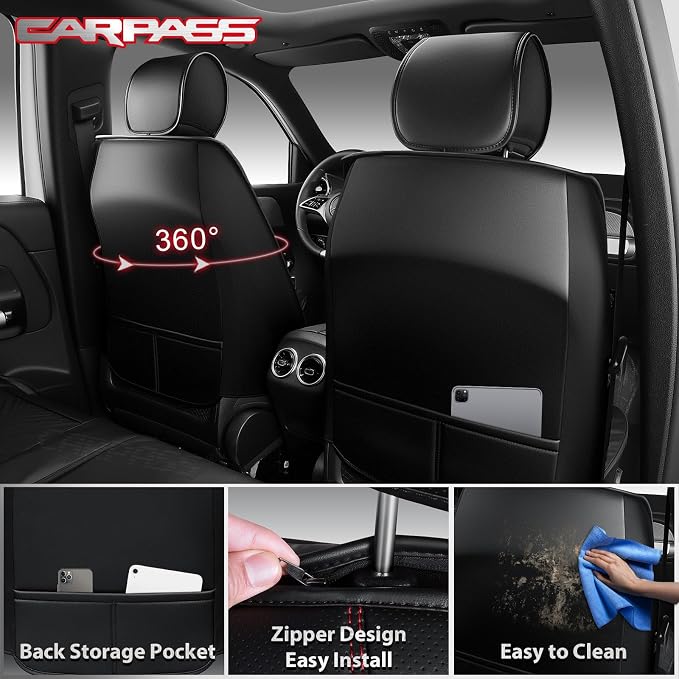 CAR PASS Nappa Leather Seat Covers, Universal FIT Piping Leather Car Seat Covers Full Set for Cars,SUV,Truck 3D Foam Waterproof Luxury Seat Covers 5 Seats, Comfort Durable Airbag Compatible Black Red