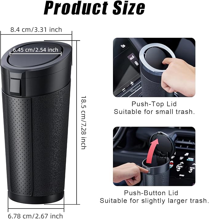 Car Trash Can Cup Holder with 2 Garbage Bags, Leakproof Silent Mini Trash Can with Lid for Car, Press & Pop, Small Automotive Garbage Bin for SUV, Truck, Office, Home, Bedroom
