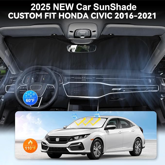 Custom Fit Civic Windshield Sunshade for 2016-2021 Honda Civic Accessories Front Window Shades Cover for Windshield Sun Visor Screen Protector 210T Reflective Blocks UV Rays Heat Damage Keep Cool