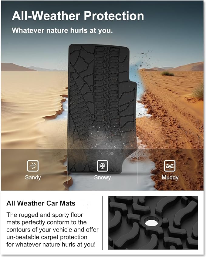 KIWI MASTER Floor Mats for 2007-2013 Jeep Wrangler JK 4-Door, OEM Replacement 82210166AC, Custom Fit All Weather Car Mats, Heavy Duty TPE Floor Liners, Front & Rear 2 Row, Black