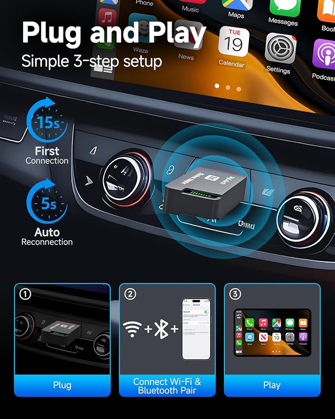 Wireless CarPlay Adapter for iPhone & Android, 2026 Upgraded Wired to Wireless for Apple CarPlay, Mini USB Design Car Play Adapter with Type-C Extension, Plug and Play, Stable Connection & No Latency