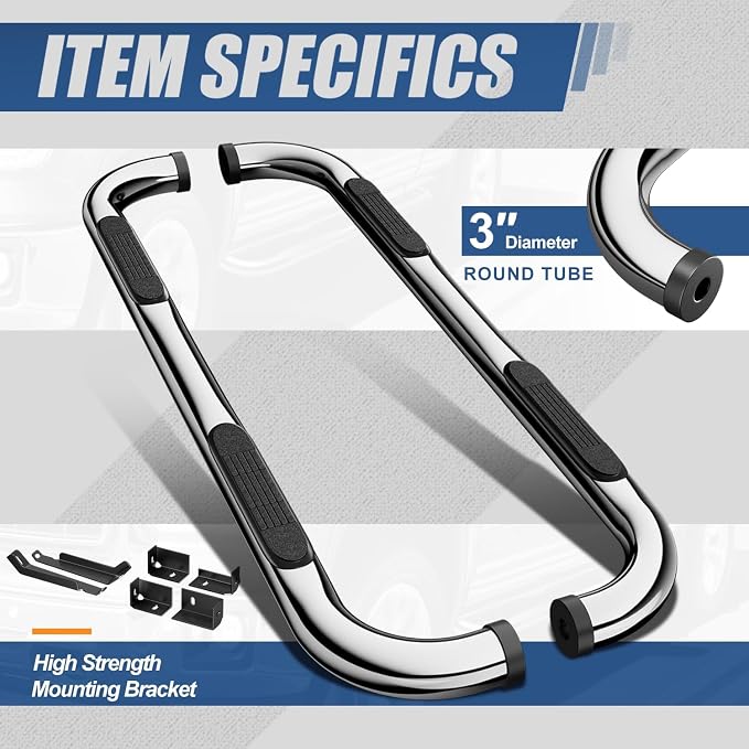 Auto Dynasty Running Board Compatible with 1999-2019 Silverado Sierra 1500 2500HD 3500HD Extended Cab, Stainless Steel Side Step Rail Nerf Bars, 3" Step Bars, Polished Chrome