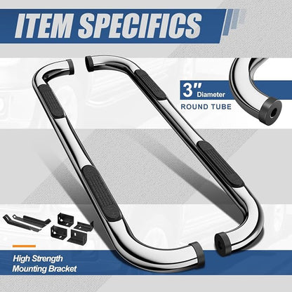 Auto Dynasty Running Board Compatible with 1999-2019 Silverado Sierra 1500 2500HD 3500HD Extended Cab, Stainless Steel Side Step Rail Nerf Bars, 3" Step Bars, Polished Chrome