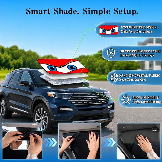 Car Windshield Sun Shade, Funny Cartoon Eyes Large Foldable Front Window Sunshade, UV Heat Protection Windshield Cover Universal Fits Full-Size Pickup Truck SUV - 63 x 33.86