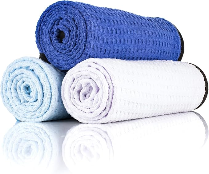 The Rag Company Dry Me A River, Professional Korean 70/30 Blend Microfiber Waffle-Weave Drying & Detailing Towels, Soft Suede Edges, 390 GSM, 20x40 Inches, Light Blue, 2-Pack