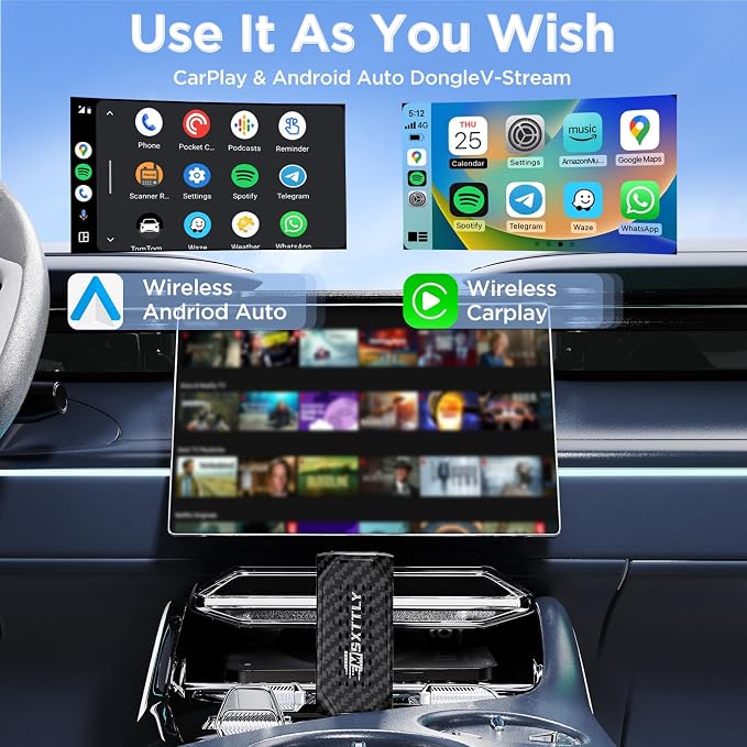 MSXTTLY Mini 3in1 Stream CarPlay Android Auto Wireless Adapter, Support Netflix/YouTube/TikTok/PrimeVideo Box, Only Compatible with Wired CarPlay Car Model 2017+, for Android 11 & iPhone iOS 10+