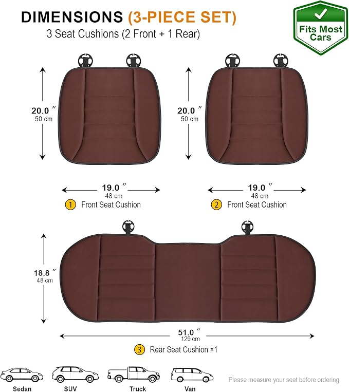 kingphenix 3-Piece Car Seat Cushion Set, 1.2inch Memory Foam Comfort, 2 Front Automotive Seat Cushions + Rear Bench Cushion, Non-Slip Bottom, Fits Sedan SUV Truck Van, Car & Office Chair, Brown