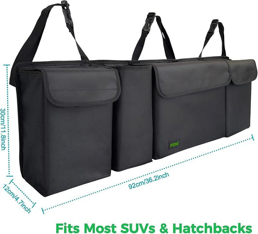 PIDO Hanging Trunk Organizer, Backseat Trunk Organizer for SUV, Hanging Car Storage Bag with Large Pockets for Sedan, Truck, Van, Upgraded Premium 1680D Oxford, Space Saving Car Interior Accessory