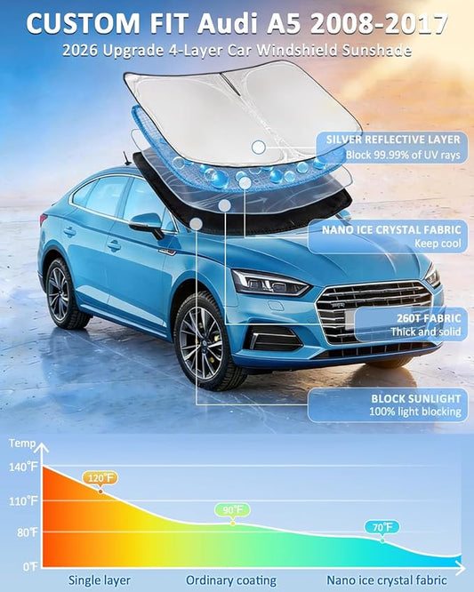 Windshield Sunshade for Audi A5 2008-2017 Sun Shade Car Windshield Accessories Upgrade 4 Layers Blocks UV Rays Custom Fit A5 240T Car Window Shades Front Windshield Keep Cool Foldable