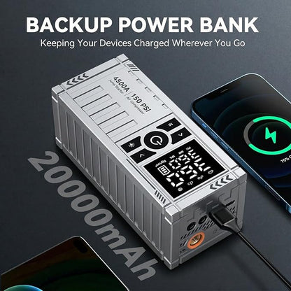 Car Battery Jump Starter with Air Compressor - 4500A Battery Jumper Starter Portable (9.0 Gas/8.0L Diesel) with 150PSI Tire Inflator, 12V Car Jump Box with Jumper Cables, LED Light, LCD Display