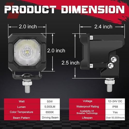 LED Pods, OFFROADTOWN 2inch 50W LED Cubes Driving Lights Pods Bumper Light Ditch Fog Reverse Light for Truck Pickup UTV ATV SUV 4x4 Car Motorcycle - Driving