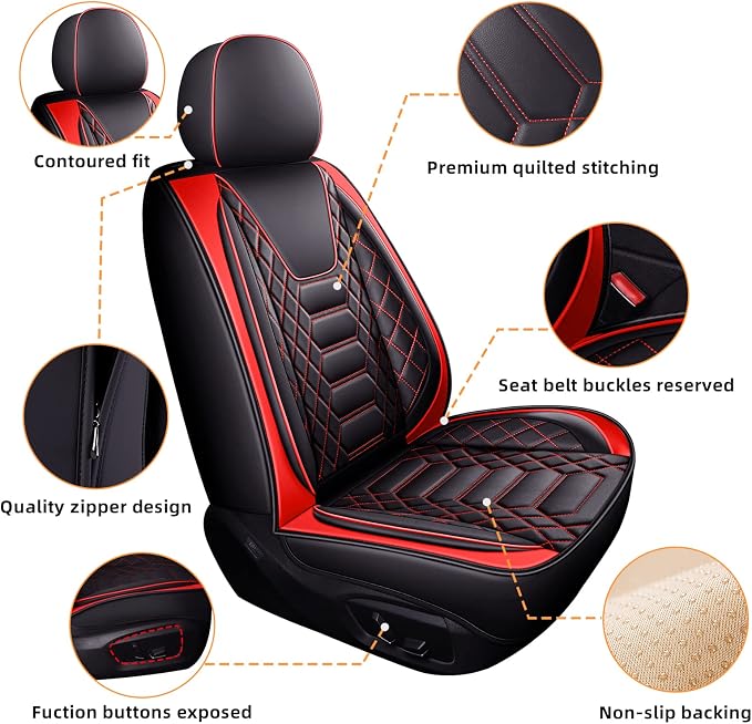 FREESOO Car Seat Covers Front Only 2pcs, Leather Driver Seat Cover Protector Airbag Compatible Universal Fit for Sedan SUV Pick-up Truck Van (Black Red 8-2PCS)
