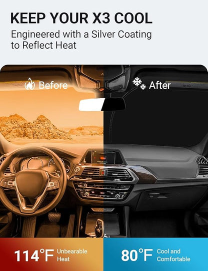 Proadsy 2026 Upgrade Front Windshield Sun Shade Foldable Sunshade Protector Custom Fit 2018-2025 BMW X3 Accessories