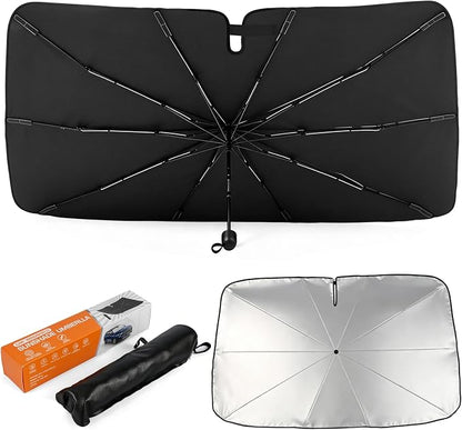 Foldable Car Windshield Sun Shade Umbrella with Rearview Mirror Notch, Titanium Silver UV Blocker for Heat Reduction, Bendable Handle & Anti-Scratch Tips, Fits Sedan SUV (Large 57"x33")