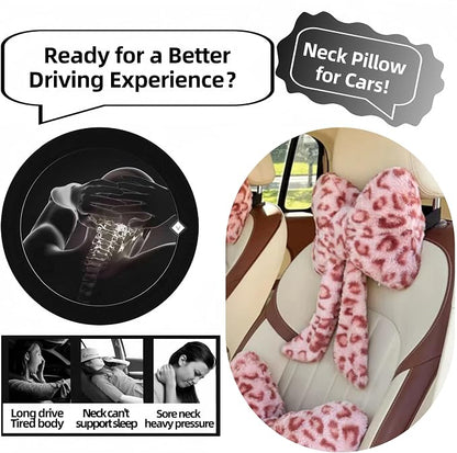 Car Neck Pillow 2PCS Plush Bowknot Car Headrest Pillow – Comfortable Neck Support for Driving Soft Touch Fabric Car Pillow Cute Interior Decor (Pink Leopard Set 4)