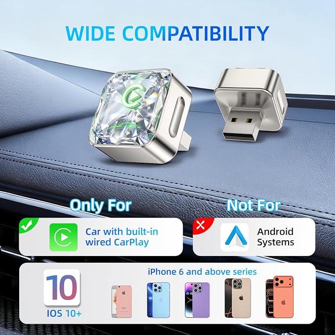 Wireless Apple CarPlay Adapter, 5.8G Quad-Core Chip No Latency, Aerospace Silicone Cooling, Zn-Alloy & Diamond Panel, Plug & Play Wired to Wireless CarPlay Adapter