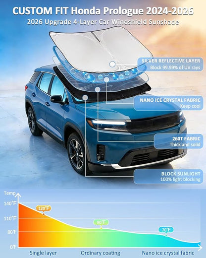 Windshield Sunshade for Honda Prologue 2024-2026 Sun Shade Car Windshield Accessories Upgrade 4 Layers Blocks UV Rays Custom Fit Prologue 240T Car Window Shades Windshield Keep Cool Foldable