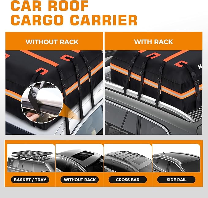 Kingfun Car Rooftop Cargo Carrier Bag, Waterproof 15 Cubic Feet Car Roof Luggage Carrier for All Vechicles with/Without Racks, Includes Anti-Slip Mat, 8 Reinforced Straps, 6 Door Hooks,Luggage Locks