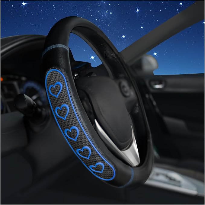 Ventilated Heart-Shaped Steering Wheel Cover with Anti-Slip Leather Grip. Compatible with Ford, Toyota, Honda, Nissan, and Chevrolet Vehicles for 14.5-15.2 inch Round Steering Wheels.