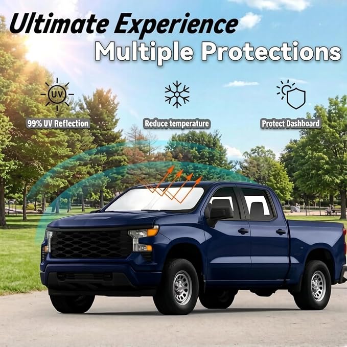 Windshield Sun Shade for Chevy Chevrolet Silverado 1500 2019-2026, Car Front Window Sunshade with 240T Sun Visor Protector Blocks UV Rays Heat Sun Shield Accessories
