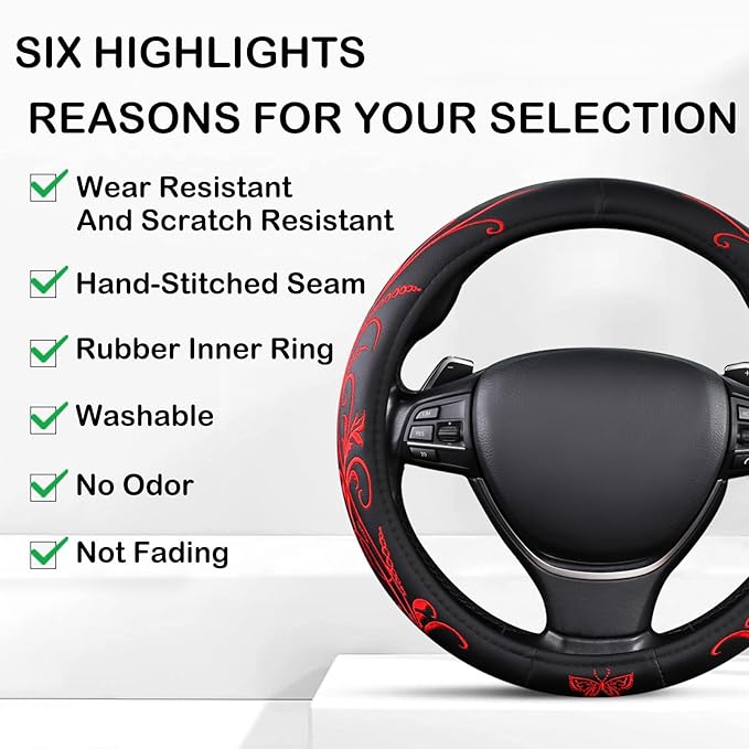 Red Embroidery Butterfly Car Steering Wheel Cover,14.5-15 Inch Universal Leather Covers Breathable Anti-Slip Odorless Steering Wheels Accessories for Men Women