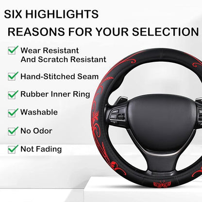 Red Embroidery Butterfly Car Steering Wheel Cover,14.5-15 Inch Universal Leather Covers Breathable Anti-Slip Odorless Steering Wheels Accessories for Men Women