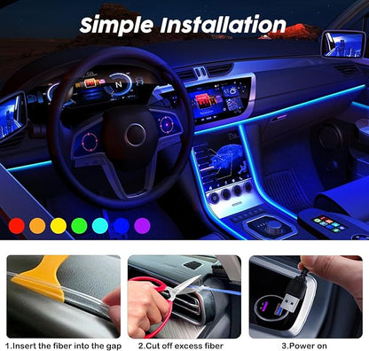 USB Car LED Lights, Interior Car Lights Strip with APP and RF Remote Control, 2 in 1 Ambient Lighting with 157 inches Fiber Optic Music Sync Simple Installation EL Wire Lights (2 in 1/157 inches)