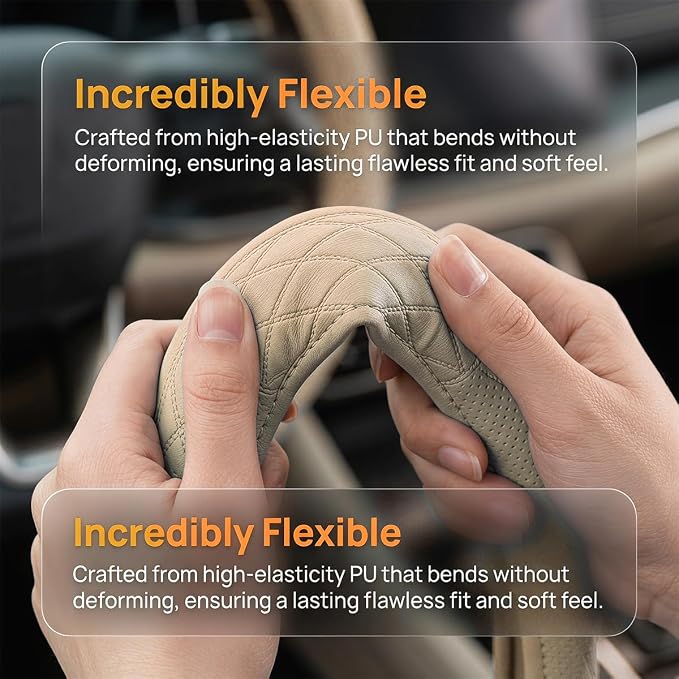 Zpana Car Steering Wheel Cover, 14.5-15" Breathable Soft Leather Vehicle Steering Wheel Protector with Anti-Slip Lining, Comfortable Auto Interior Decoration Accessories, Universal Fit (Beige)