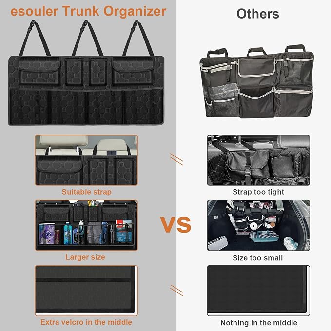 esouler Car Trunk Organizer, Super Capacity Backseat Car Organizer for SUV/Truck/MPV(42"*18"), Hanging Car Storage Organizer with 8 Pocekts, Car Accessories for Women and Men- Black
