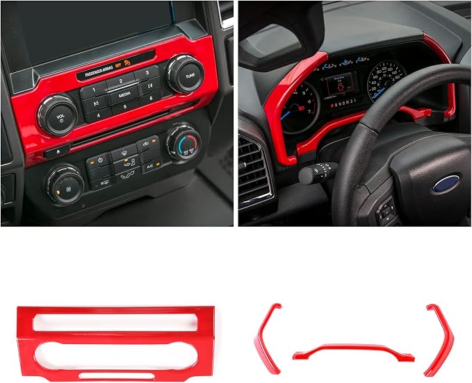 JeCar 11PCS Interior Decoration Trim Kit for Ford F150 2015-2020 Steering Wheel & Center Console Trim Dashboard & Rear Air Conditioner Vent Cover (Red)