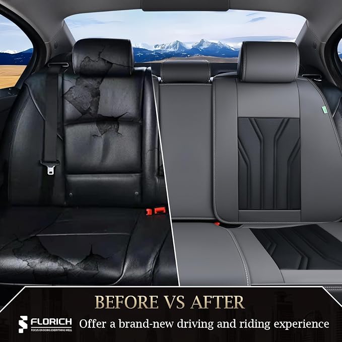 FLORICH Rear Seat Covers Leather Car Seat Covers Waterproof Back Seat Cover Automotive Seat Covers Universal Seat Cushion Protector for Most Cars Trucks SUV-Gray&Black