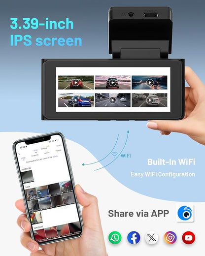 BCUOZ 4K Dual Dash Cam Front and Rear, GS200 170° Wide Angle Night Vision with 3.39” IPS Touchscreen, WiFi App Control, Night Vision, G-Sensor Loop Recording, 64GB Card Included Parking Monitoring