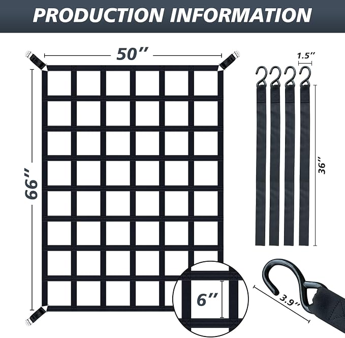 Heavy Duty Cargo Net for Pickup Truck Bed 66" x 50" 1100 lbs Capacity with Adjustable Cam Buckles S-Hooks and Drawstring Storage Bag, Durable Nylon for Trailers and Trucks