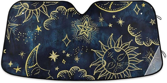 Sun Moon Boho Cosmos Astrology Windshield Sun Shade,Foldable Car Sun Shade for Front Windshield Sunshades Protector Blocks UV Rays Sun Visor Protect and Cool Your Vehicle Interior,57" x 31.5 "Inches