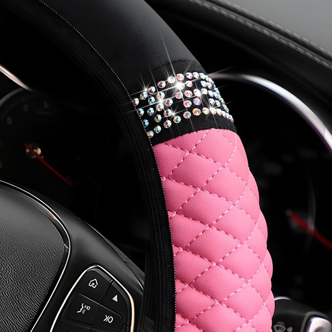 Osilly Bling Car Steering Wheel Cover, 15 Inch Rhinestones Soft Leather Elastic Steering Wheel Protector, Sparkly Crystal Diamond for Women Girls, Car Interior Accessories for Most Cars (Pink)