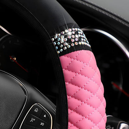 Osilly Bling Car Steering Wheel Cover, 15 Inch Rhinestones Soft Leather Elastic Steering Wheel Protector, Sparkly Crystal Diamond for Women Girls, Car Interior Accessories for Most Cars (Pink)
