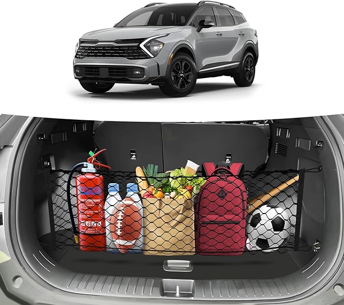 Canvcle Trunk Cargo Net for 2023-2025 2026 Kia Sportage Accessories Envelope Style Mesh Trunk Net Organizer and Storage Stretchable Adjustable Elastic Nylon Rear Cargo Netting with Hooks