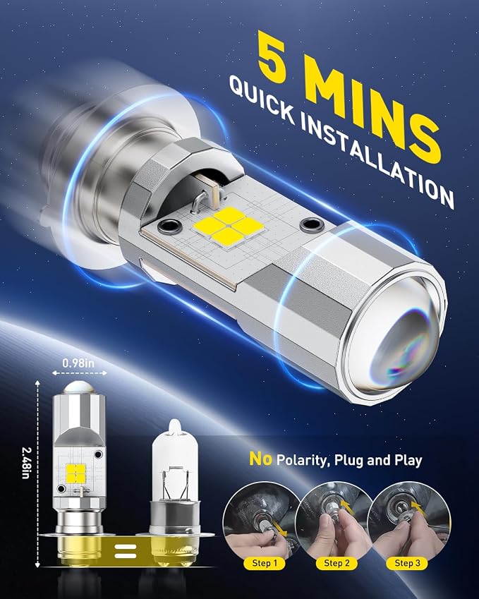 AUXITO H6M P15D LED Motorcycle Light Bulbs Hi/Lo Beam T19 H6 6500K Cool White 5000LM for ATVS UTVS, Plug and Play, Pack of 2