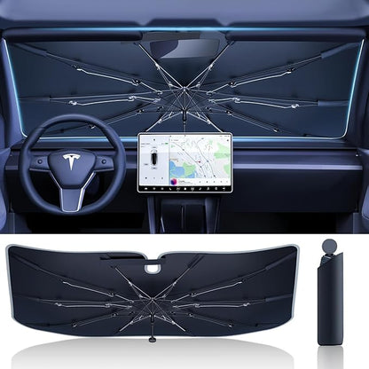 Car Windshield Sun Shade for Tesla Model 3/Y & Small Cars | Upgraded T-Cool coating blocks 99.9% UV & heat, foldable compact storage, protects dash & seats from fading