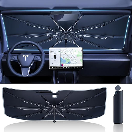 Car Windshield Sun Shade for Tesla Model 3/Y & Small Cars | Upgraded T-Cool coating blocks 99.9% UV & heat, foldable compact storage, protects dash & seats from fading